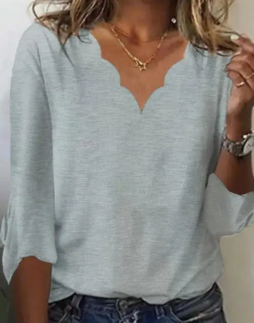 

Long Sleeve T-Shirts Commuting Style Women 2023 Autumn Winter Spring Solid Color V Neck Blouse Fashion Casual Pullover Tops