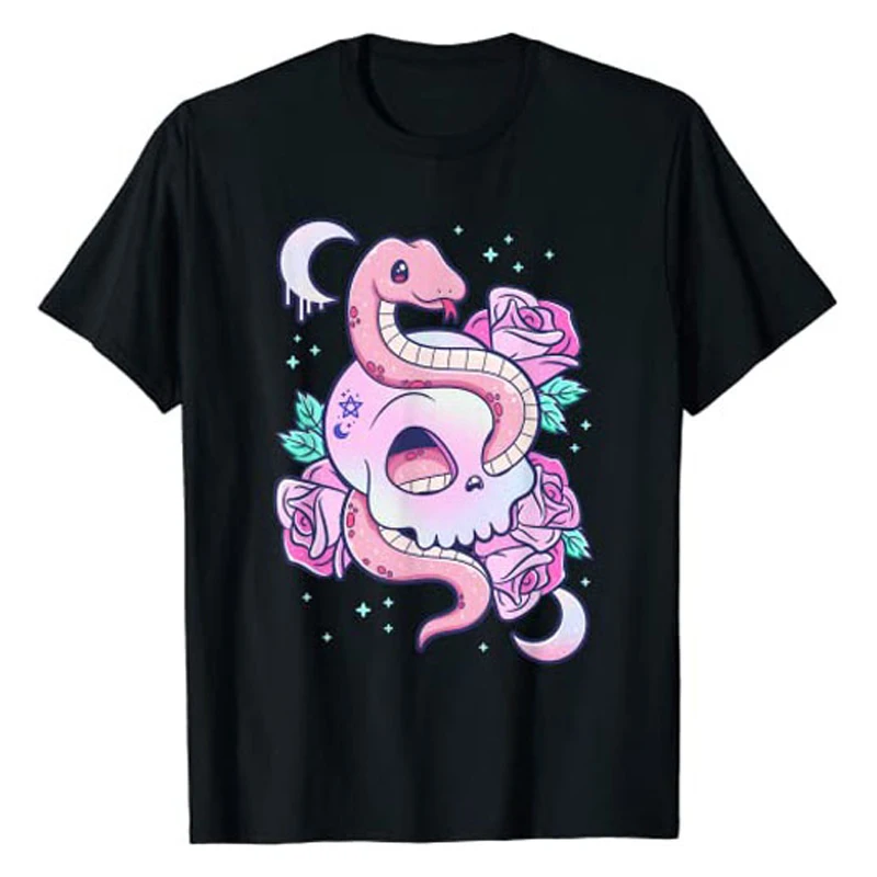 Cartoon Pastel Goth Cute Kawaii Cat and Skull T-Shirt Cartoon Creepy-Skull Serpent Snake Roses Shirts 3 Headed Dog Female Tee