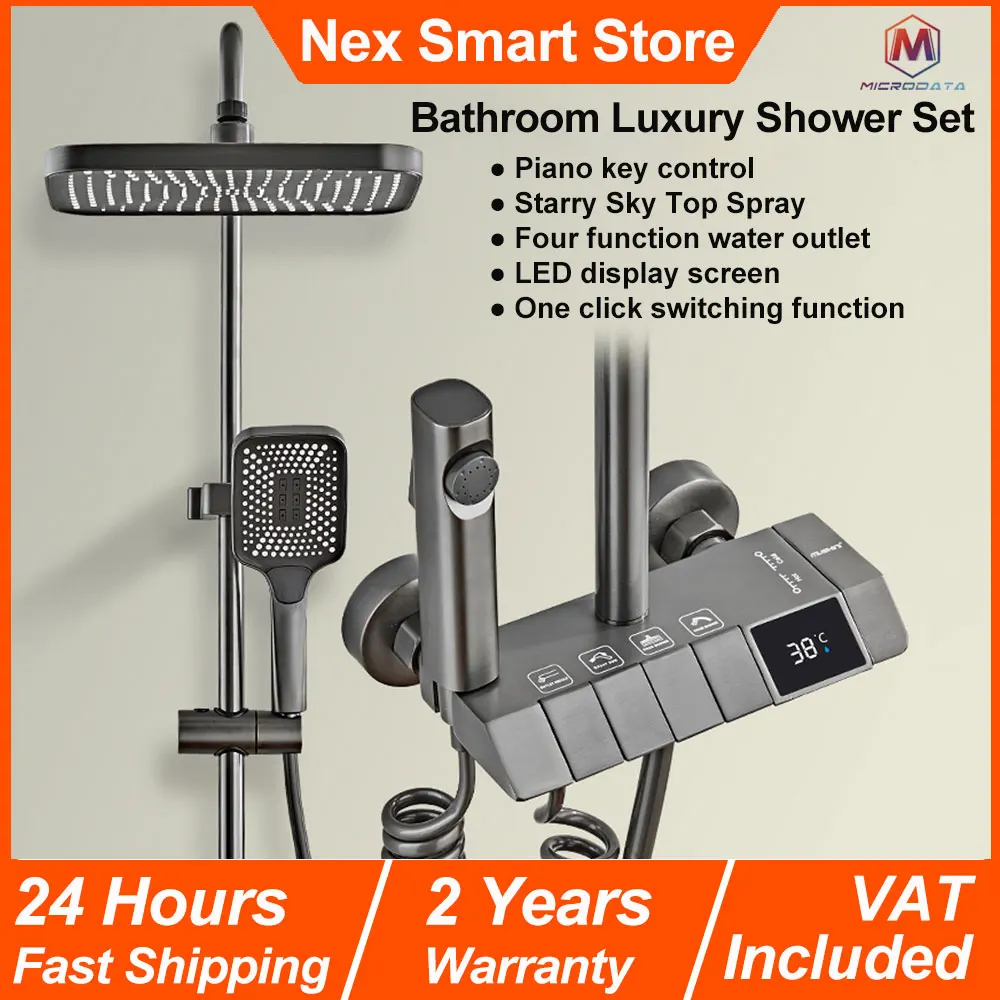 Ensemble de douche de luxe pour salle de bain, ensemble de robinets de douche à bouton de Piano à affichage numérique à 4 fonctions, douche de pluie, accessoires de salle de bains complets