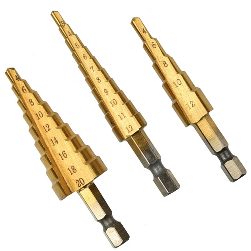 Step Drill Bit Set 3PC Titanium Plated 3-12/4-12/4-20mm Hexagonal Handle