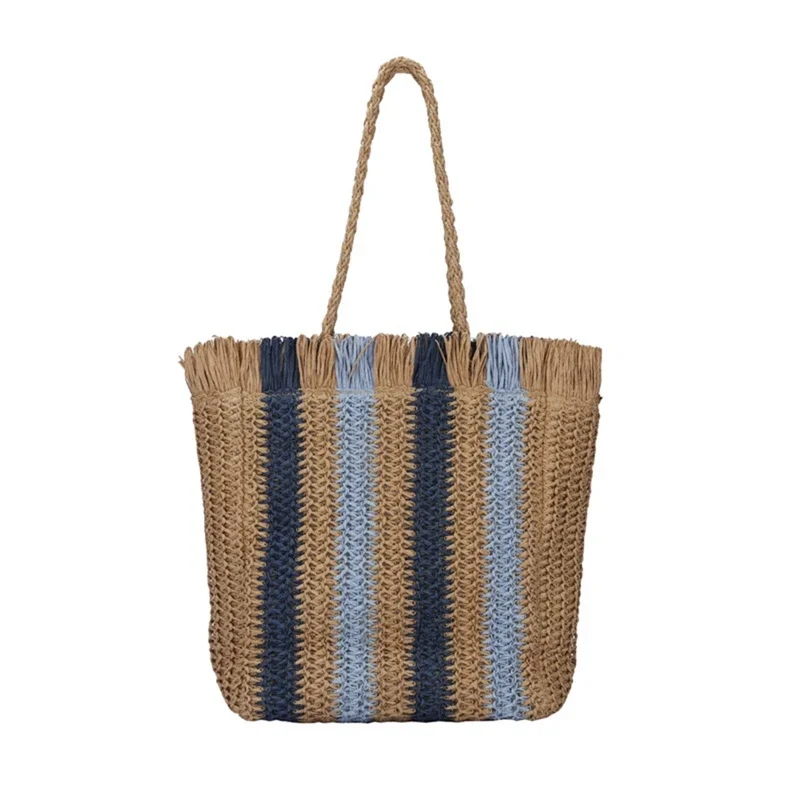 

Пляжная соломенная вместительная сумка-тоут в полоску для женщин, плетеная сумочка ручной работы, повседневный тоут из ротанга