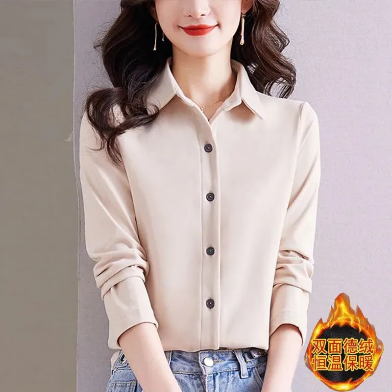 

Double Sided German Velvet Outerwear Brushed Shirt Women's Long Sleeved Shirt Autumn Winter New Plush Warm Bottoming Top 2024