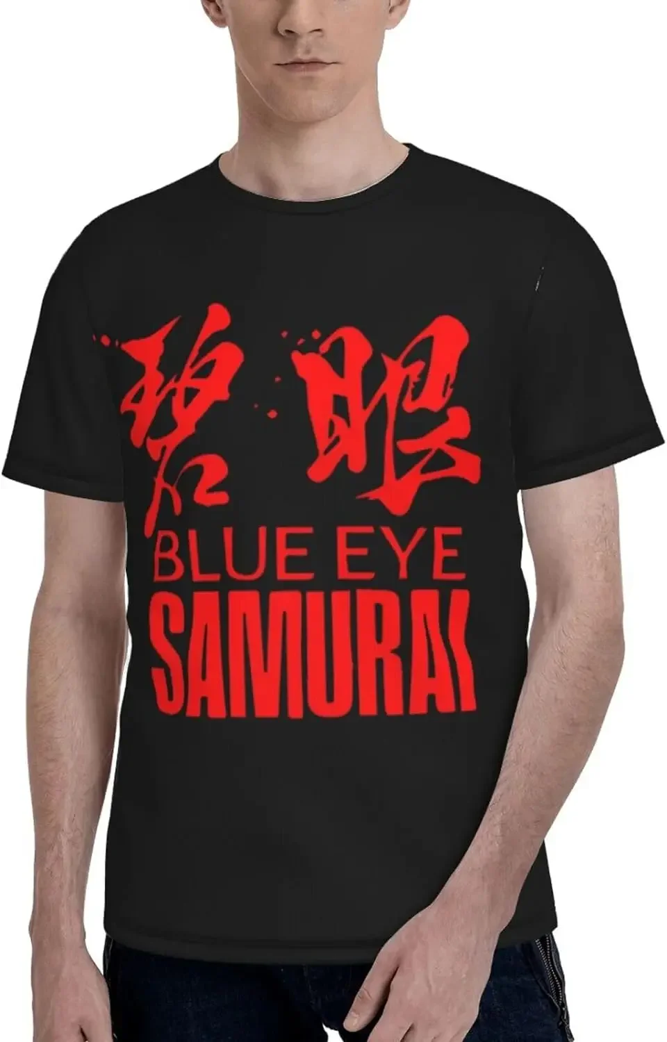 

Blue Eye Anime Samurai Shirt Men's Polyester Crew Neck Short Sleeve T-Shirt Double Sided Full Print Sweatshirt Tops Black