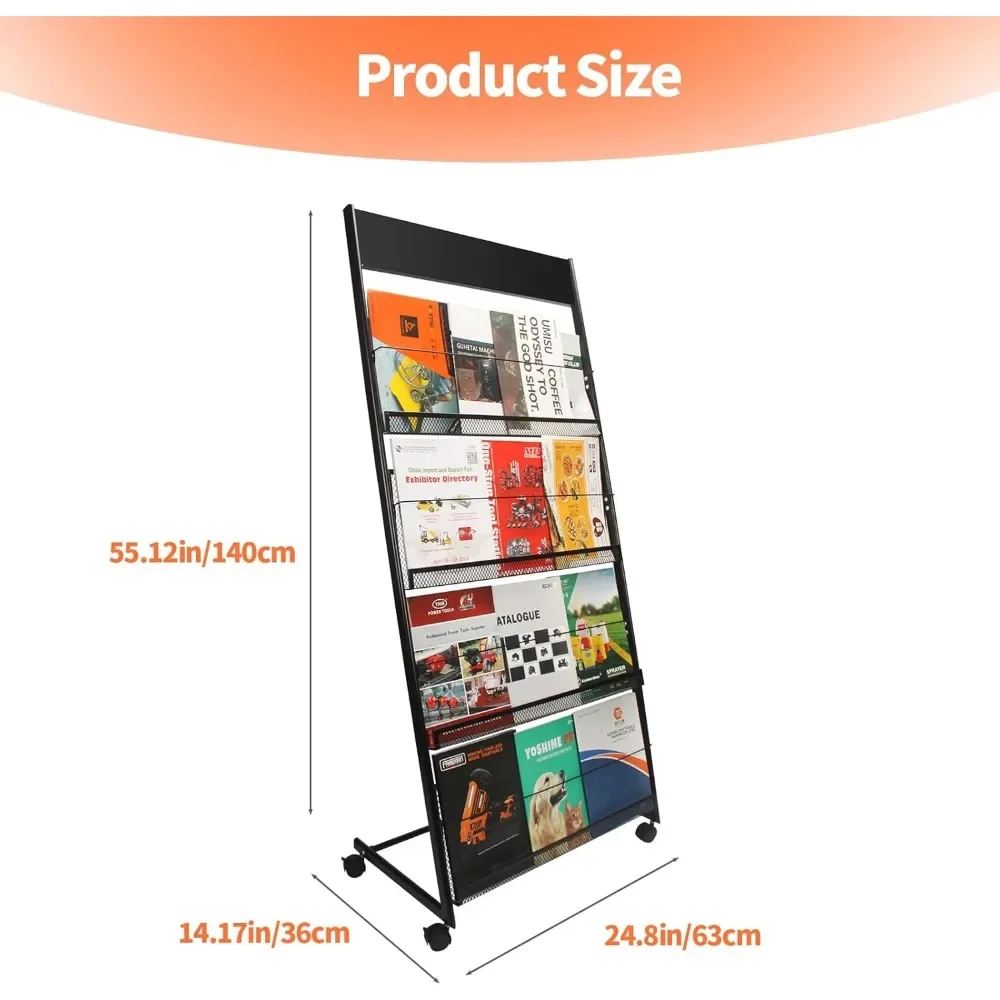 Magazine Rack Floor-Standing,4-Layer Brochure Holder Display Stand Tiered Design with Wheels,High-Hardness Metal Magazine 5