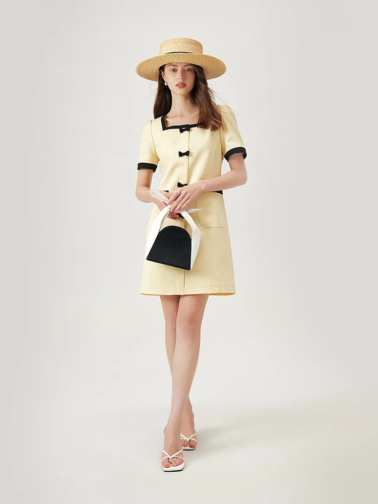 

FSLE French Style Commuting Women Dress 2024 Summer New Square Collar High Waist Versatile Casual A-Line Female Dress 24FS12501