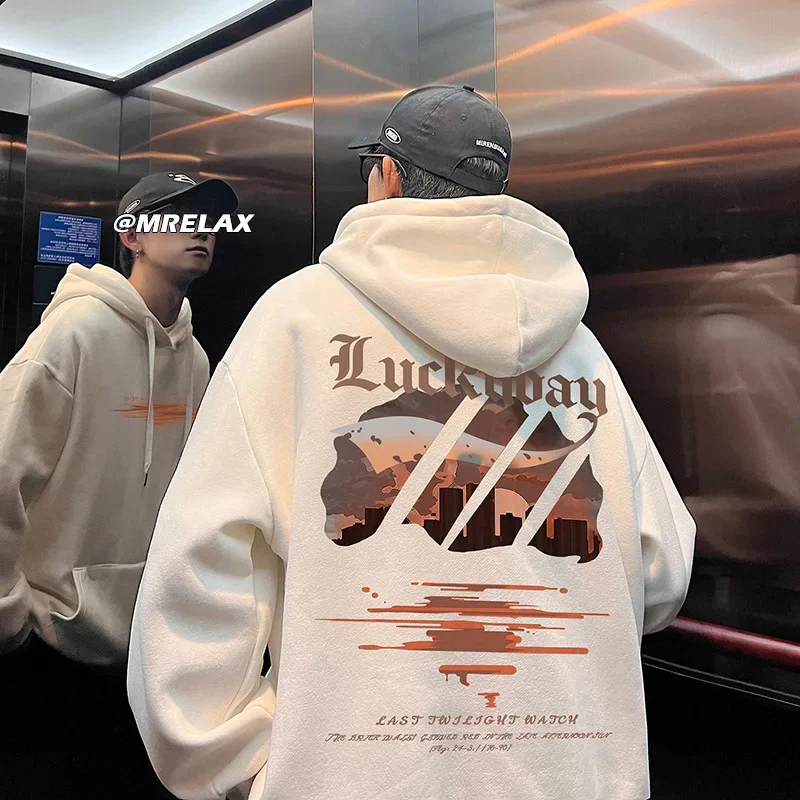 Sweatshirt Men's American Retro Hoodie Padded Printed Loose Jacket Fashion Versatile Pullover Sweatshirt Men Clothing Streetwear