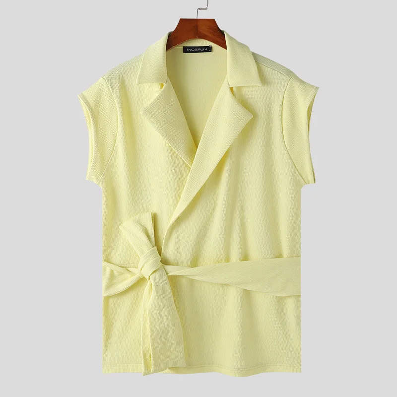 thumbnail image 1 of INCERUN Tops 2024 estilo coreano nuevo para hombres textura diseño de tapeta inclinada camisas moda cordón sin mangas cárdigan blusa S-5XL, 1 of 5