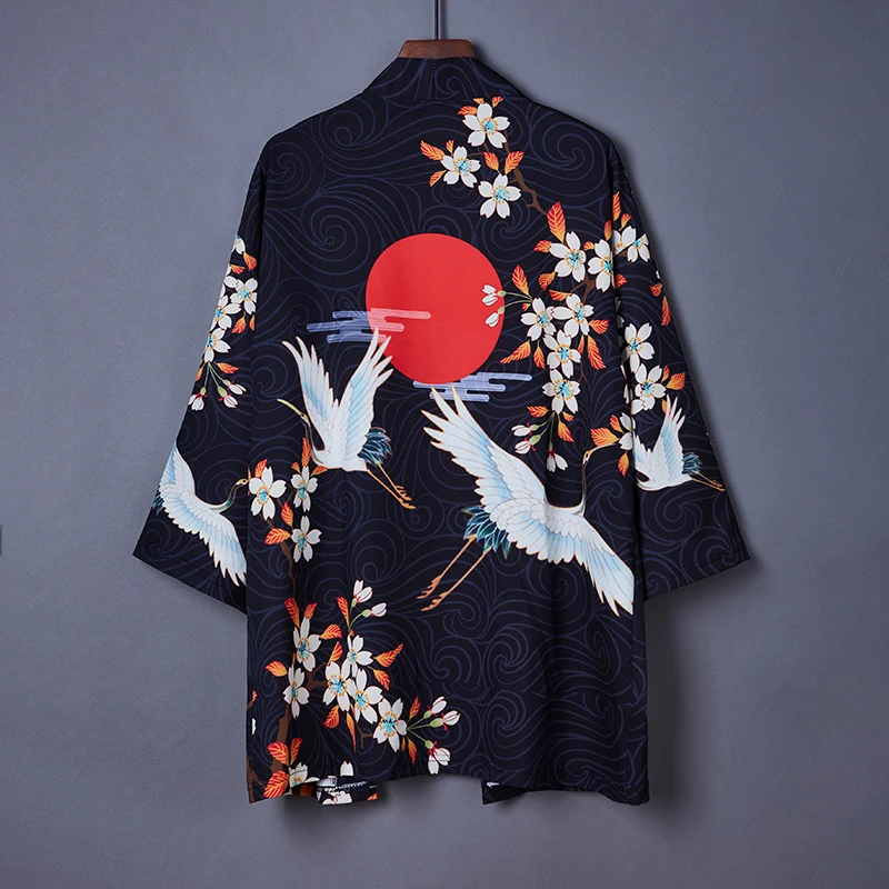 Japanese Kimono Traditional Clothing Crane Print Kimono Streetwear Shirt Women Samurai Haori Hombre Yukata Cardigan Shirt FF3567