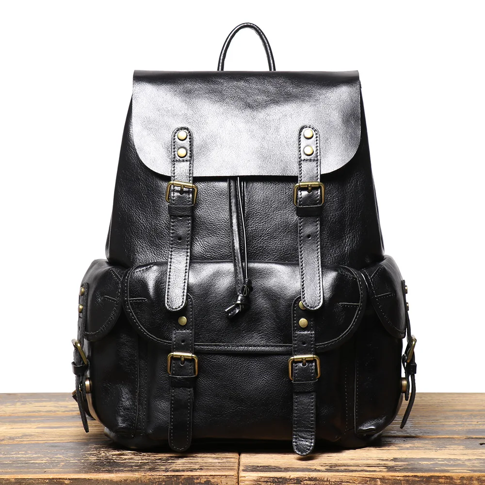 Vintage Top Grain Cowhide Leather Backpack Large Capacity Laptop Compartment Travel Drawstring Closure Business Casual Backpack