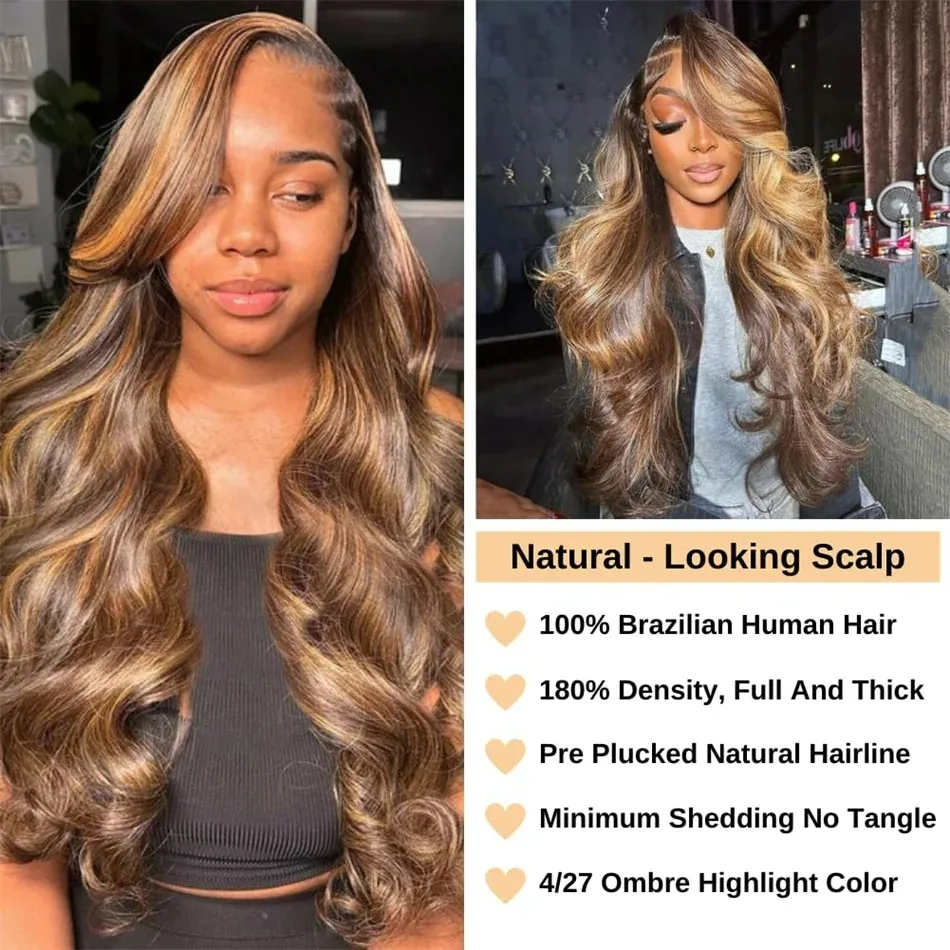 30 40 Inch 4/27 Highlight Body Wave 13x6 13x4 HD Lace Frontal Wig Human Hair