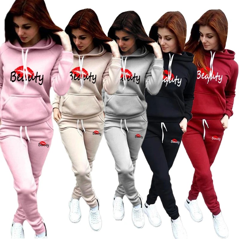 Women's long sleeved hooded sports top+pants casual sports set Women's sportswear warm long sleeved hooded two-piece set