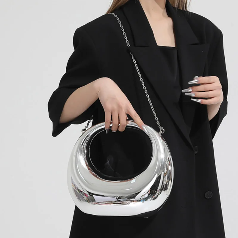 Fashion 2024 Trend Acrylic Moon Shaped Top Handle Handbags Box Metallic Womens Evening Shoulder Messenger Bag for Wedding Party