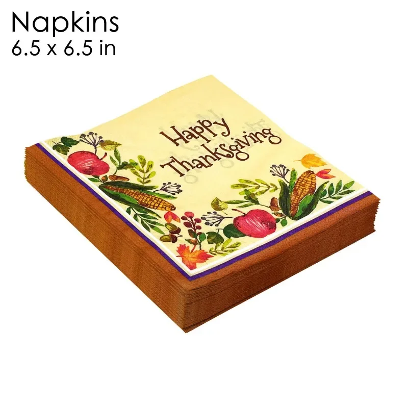 10/20pcs 33cm Thanksgiving Elements Corn Maple Leaf Vegetables Fruit Brown Edge Yellow Background Thanksgiving Coloured Napkins