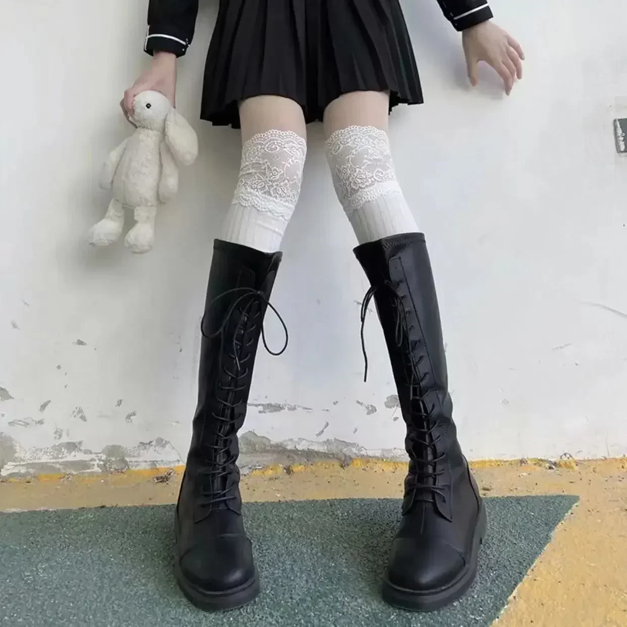 4Pairs Girls Cute Gothic Lace White Black Bow Y2k Cosplay Stockings Women Mesh Japanese Style Lolita Knee Thigh High Long Socks 3