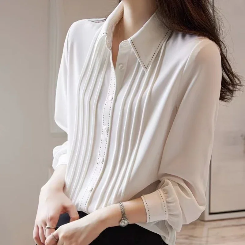 

Chiffon Solid Women's Shirt Loose White Casual Blouses Folds Elegant Clothing Spring/Summer Fashion Tops YCMYUNYAN