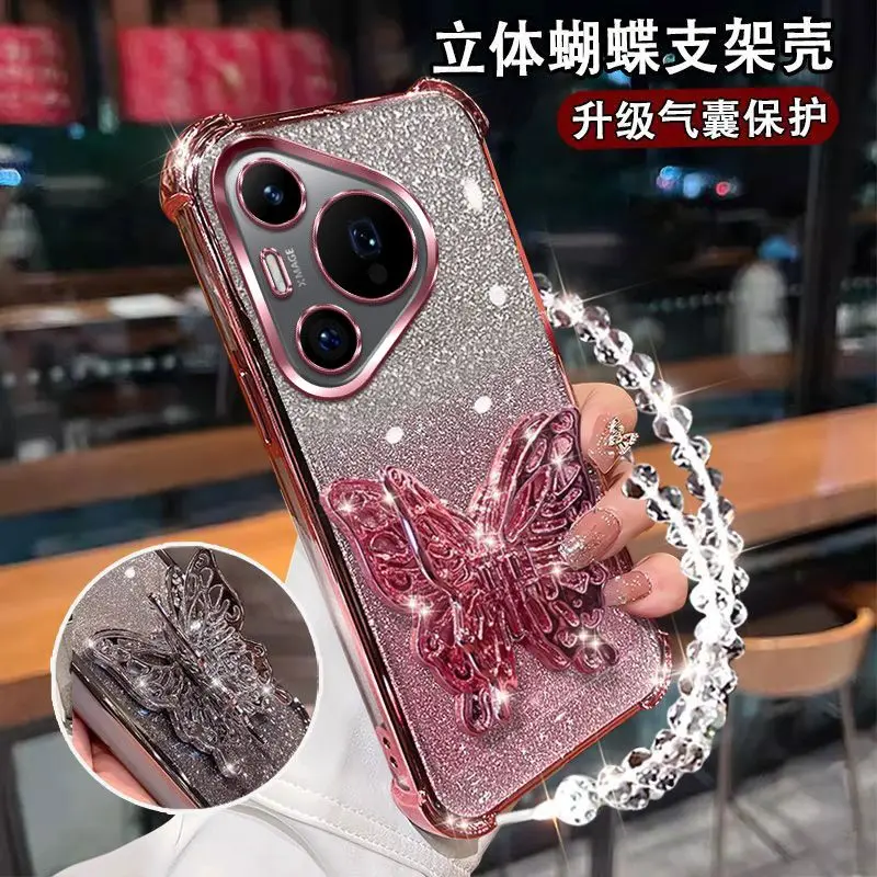 Gradient Glitter Butterfly Wrist Chain Holder Stand Shockproof Case
