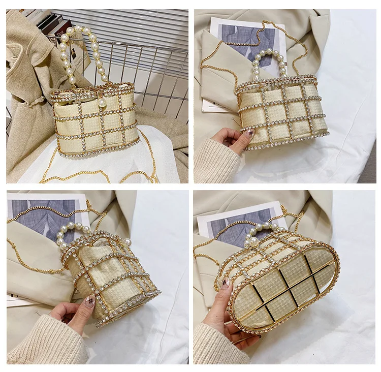 Chic Diamond-Studded Metal Basket Bag New Party Purses and Handbags Luxury Designer Bag Wedding Evening Clutch Bag Chain Bag