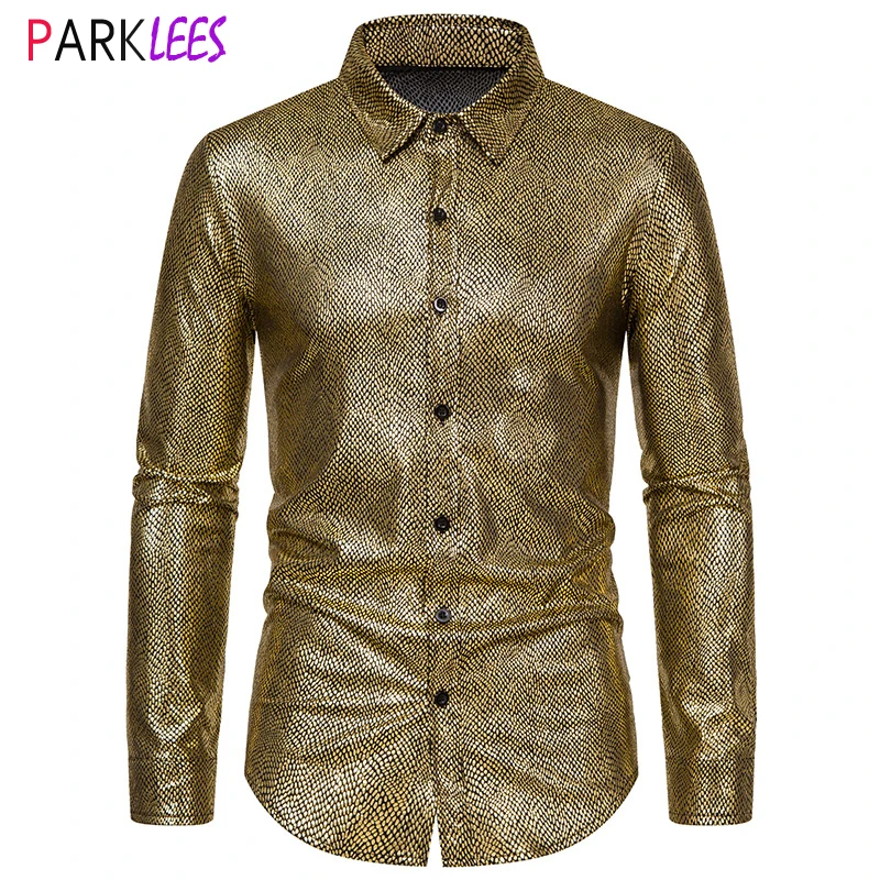 

Mens Sexy Gold Snake Pattern Metallic Party Shirts Long Sleeve 70s Disco Dance Party Chemise Homme Shiny Stage Prom Costume XXL