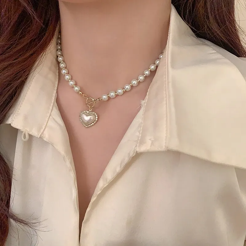 Pearl Necklace Heart Pendant | Korean Necklaces Women