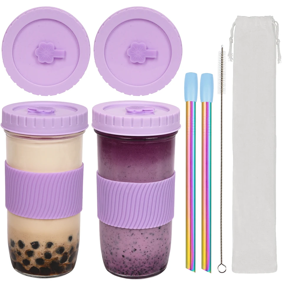 Iced Coffee Cups Mason Jar With Lid And Straw 24oz Boba Cups Reusable Wide  Mouth Smoothie Cups Travel Tumbler Drinking Bottle - Glass - AliExpress