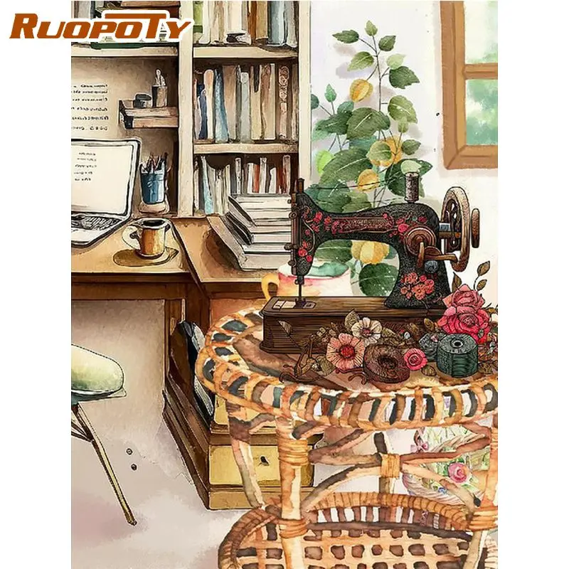 

RUOPOTY Oil Painting By Numbers Adults Crafts Sewing Machine Flower Picture Coloring Diy Gift Paint Kit 60x75cm Decors On Desk