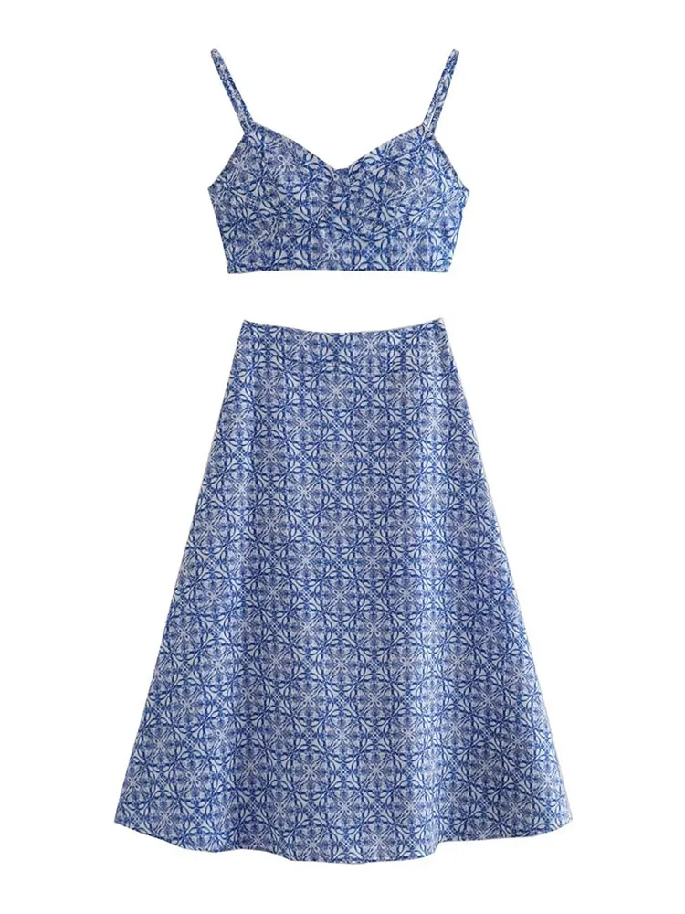 

Летний новый женский комплект TRAF 2023 с синим цветочным принтом, корсет, топ, пикантная безрукавка, V-образный вырез, болеро и юбка