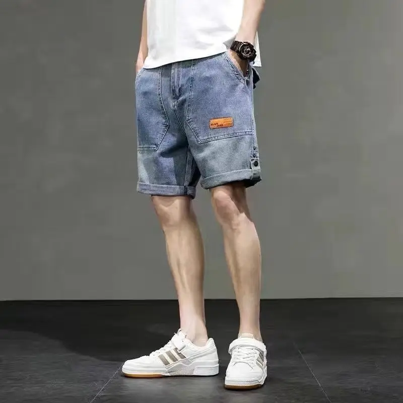 thumbnail image 1 of Pantalones cortos bermudas para hombre con bolsillos, pantalones cortos de mezclilla para hombre, pantalones cargo holgados, tendencia de corte 2024, botones, retro, de lujo, finos, en oferta, 1 of 5