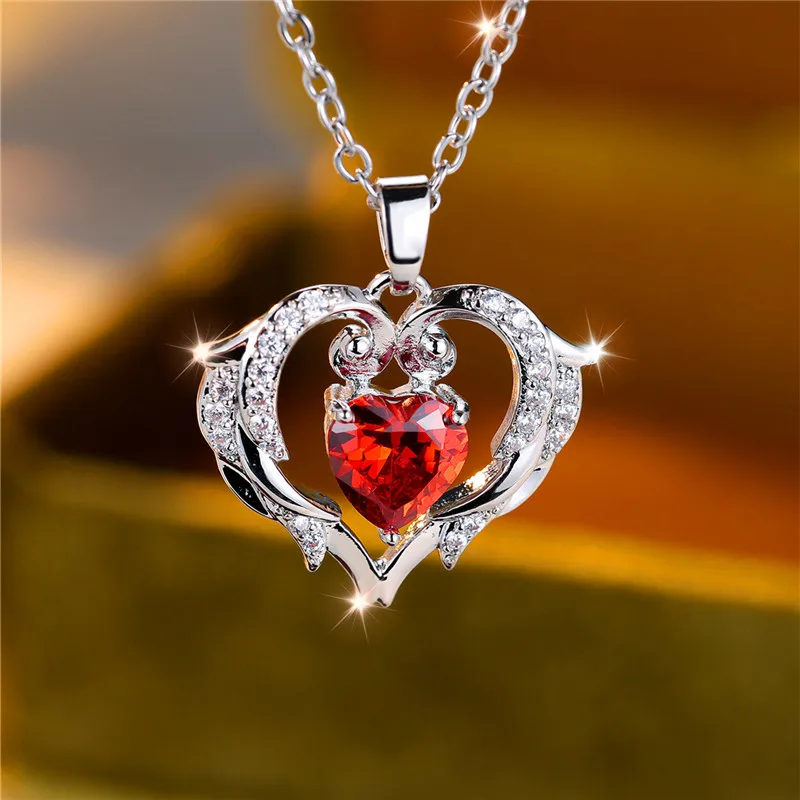 Fashion Female Red Heart Pendant Necklace Cute Silver Color Wedding Jewelry Gift For Women
