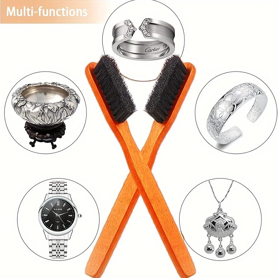 2pcs/set Horse Mane Detail Brush Kit, Silvery Care Kit for Detail Polishing, Jewelry Paint Surface, Silverware Cutle
