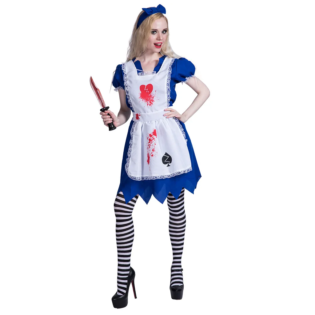 

Woman Halloween Bloody Zombie Alice Maid Costumes Female Living Dead Cosplay Carnival Purim Parade Role Play Showing Party Dress