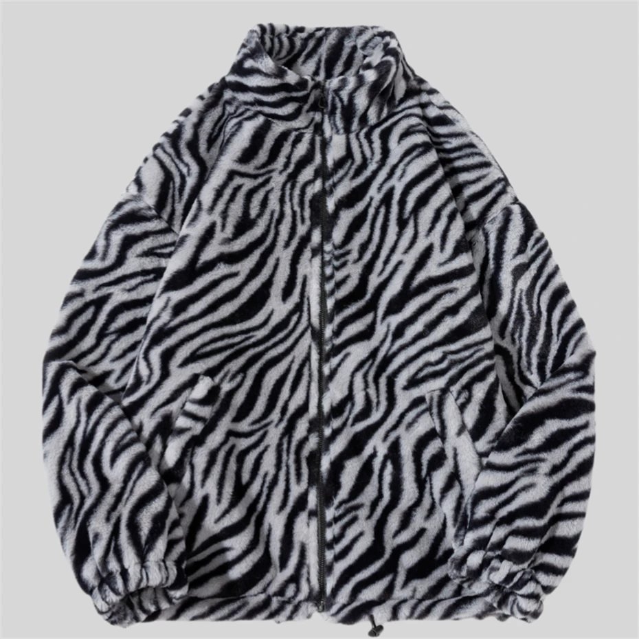 Hip Hop Winter Zebra Stripes Jackets Mens Fleece Harajuku Fuzzy Zipper Coat Jackets for Mens Clothes Oversized Streetwear Jacket 2