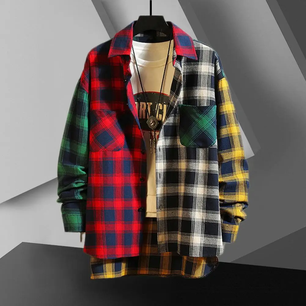 

Color-blocking Plaid Shirt Stylish Men's Colorblock Plaid Cardigan Shirt Coat with Lapel Buttons Casual Streetwear for Spring