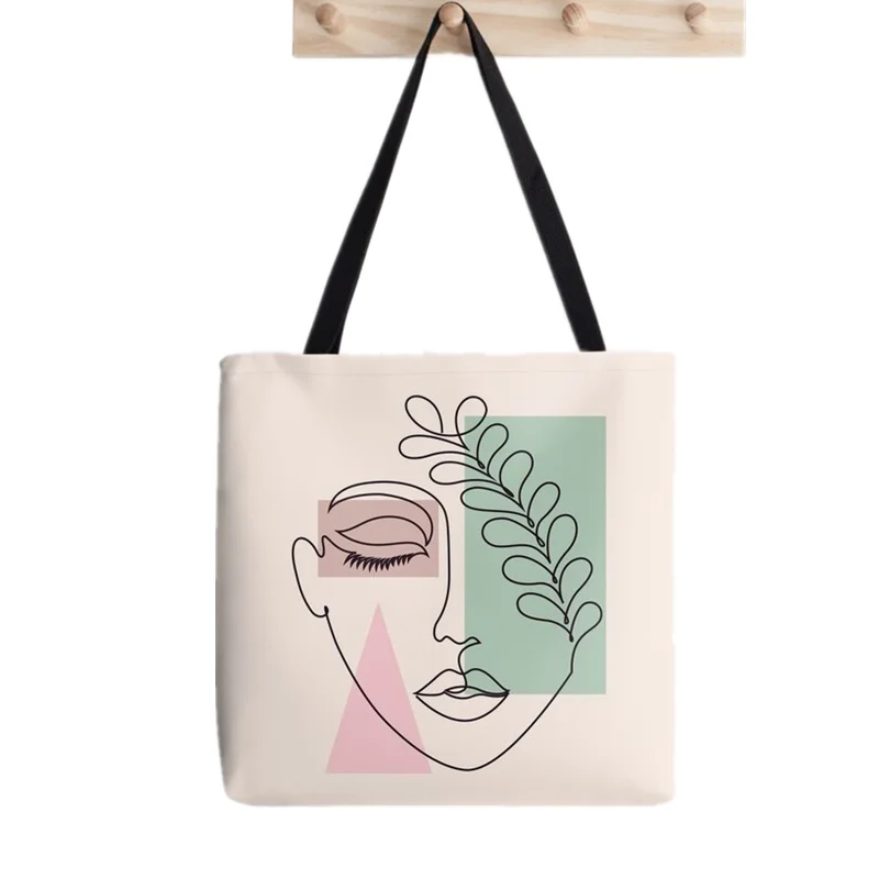 Women Shopper bag Line Face Flowers and Woman Bag Harajuku Shopping Canvas Shopper Bag girl handbag Tote Shoulder Lady Bag