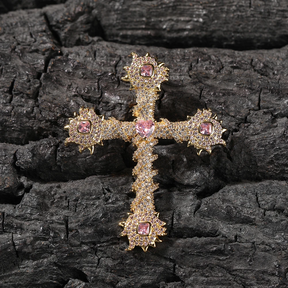 THE BLING KING Spiny Cross Pendant Necklace Iced Out Pink