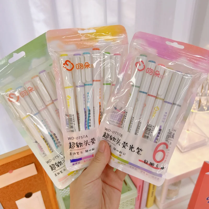 6pcs/set Watercolor Pen Set Soft Head Highlighters Pen Non-toxic Art Fluorescent Pen Students Macaron Color Pens School Supplies