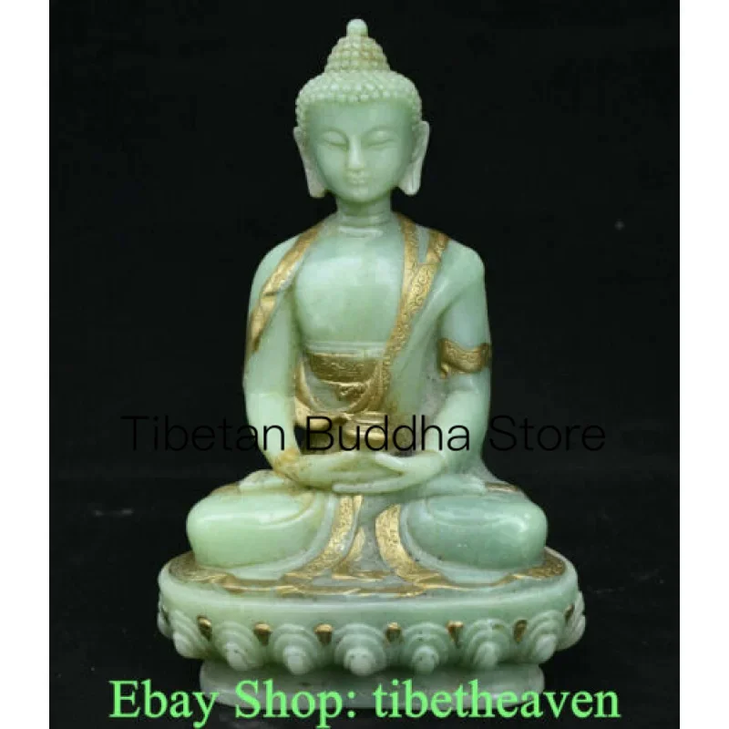 

8" Old Chinese Green Jade Gilt Carving Sakyamuni Amitabha Buddha Statue
