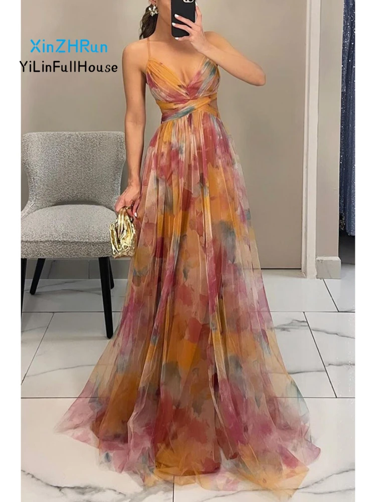 Summer New Women'S Gradient Deep V Multi-Rope Hanging Neck Stitching Irregular Dress