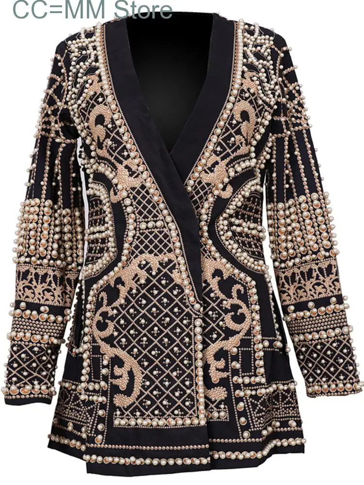 new Beaded Geometric Spring Winter Long Sleeves V-Neck Vintage Ladies Outwear vintage fashion Overcoats