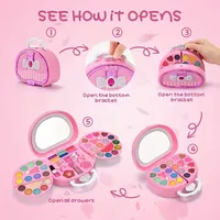 1set Colorful Girls' Pretend Makeup Toy Set - Pink and White Plastic Makeup Case with Mirror, Brushes, and Accessories. 5