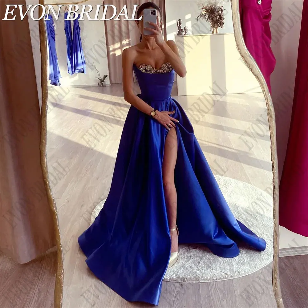 EVON BRIDAL Royal Blue Satin Rhinestone Prom Dresses A-Line Strapless Evening Party Gowns Side Split Backless vestidos de gala