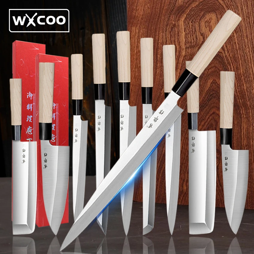 

1-10pcs Set Japanese Sushi Sashimi Salmon Kitchen Knives Sharp Meat Cleaver Cutting Fish Raw Chef Knife with Box BBQ