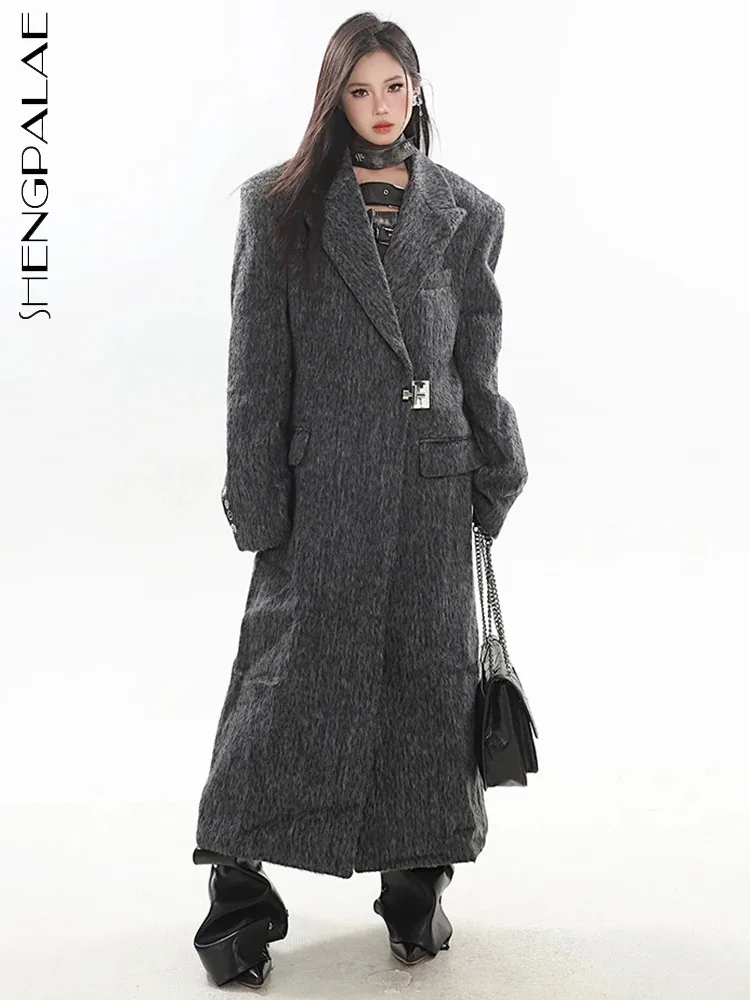 

SHENGPALAE Metal Single Button Woolen Coat For Women Winter Warm Thicken Blends Jacket Temperament Lapel Outwear 2023 New 5R8246