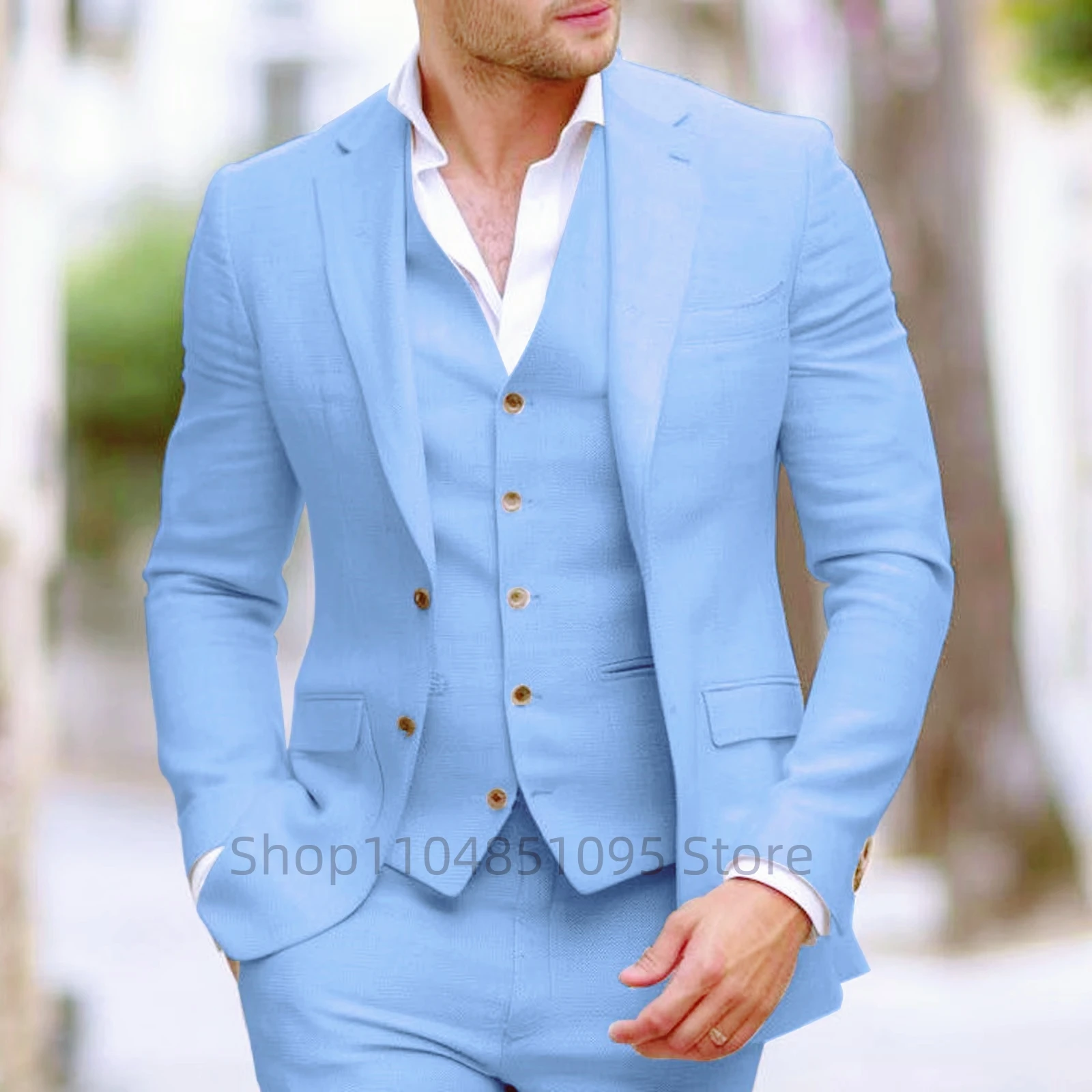 Beige/Blue Linen Suit for Men 3 Pieces Slim Fit Formal Wedding Prom Tuxedos Set Best Man Groom Summer Costume Homme New Design