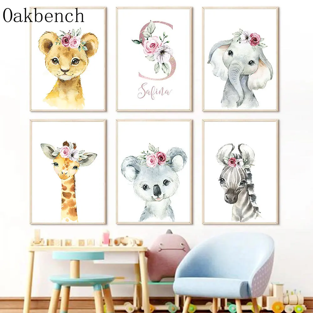 

Name Custom Flowers Wall Art Lion Elephant Canvas Poster Koala Giraffe Wall Pictures Nursery Wall Posters Baby Girls Room Decor