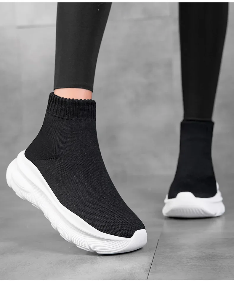 Damenschuhe, klassische High-Top-Sockenschuhe, dicke Sohle, Stretch, Slip-On, lässige Turnschuhe, atmungsaktives Mesh, Outdoor-Wanderschuhe, Schwarz – Detail 12