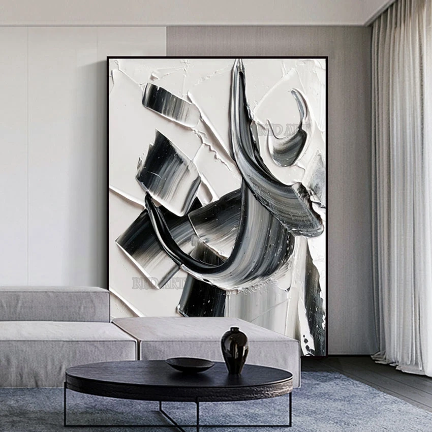 

Thick Black And White Texture Acrylic Painting Canvas Wall Picture Hand-painted No Frame Home Corridor Decor Abstract Wall Art