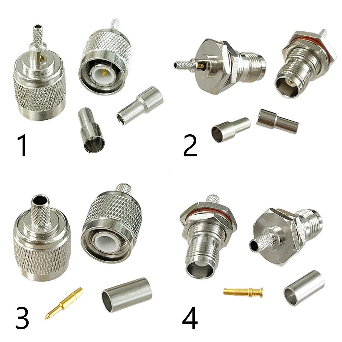 1-4 Stück TNC Stecker/Buchse HF-Koaxialverbinder Crimpanschluss für RG316 RG174 RG58 RG142 Kabel, Kupfer vernickelt, mit Zeichnung, NEU – Detail 1