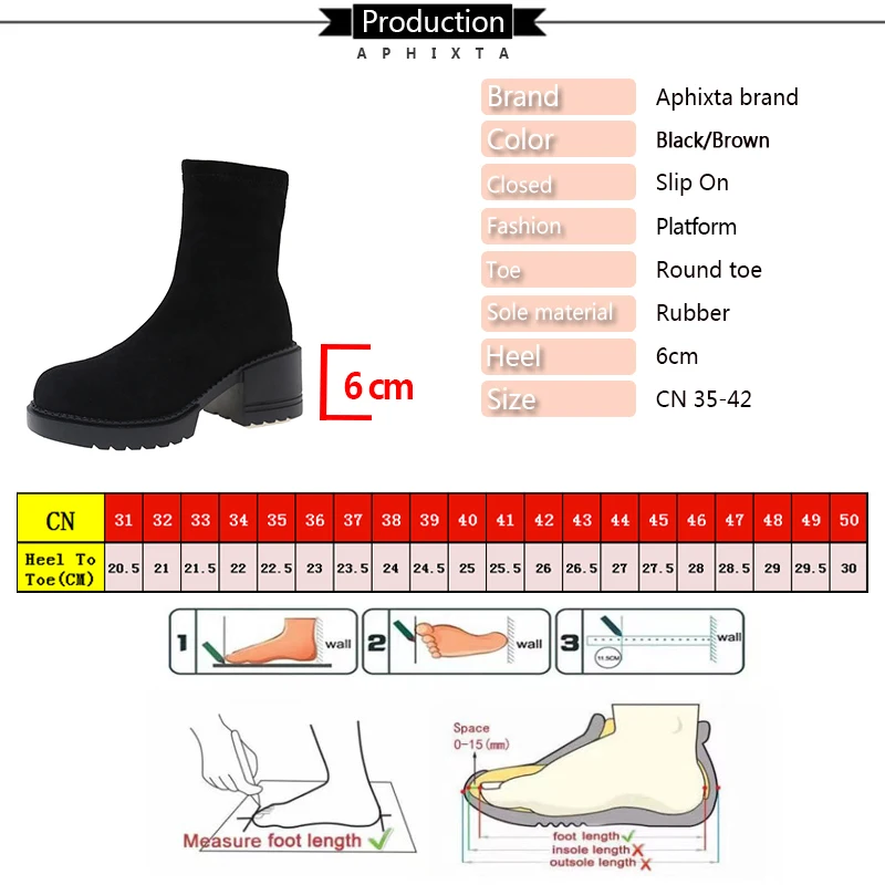 Aphixta 6cm Square Heel Black Ankle Boots Cotton Fabric Women Concise Platform Lady Footwear Shoes Women Warm Sock Boots Size 42