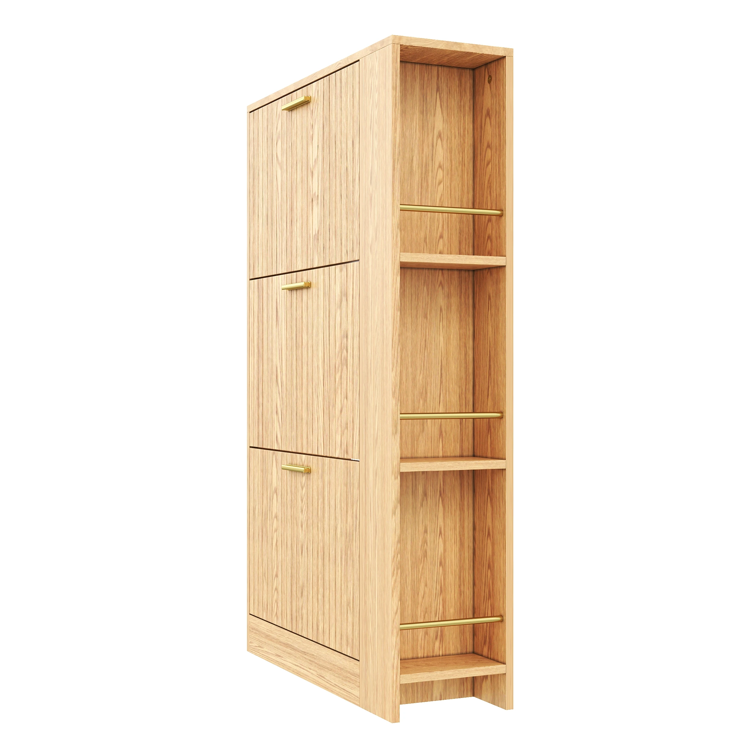 Moderner, minimalistischer Schuhschrank aus Holz, dreitüriges Design, großes Fassungsvermögen, offene Regale, stilvoll und praktisch – Detail 27