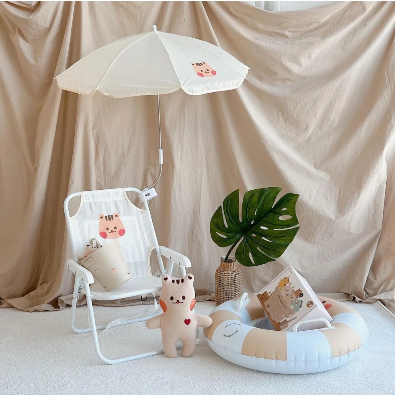 Children's Outdoor Beach Chair With Umbrella Cute Ins Wind Portable Folding Chair Seaside Photo With Parasol Back Chair ﻿